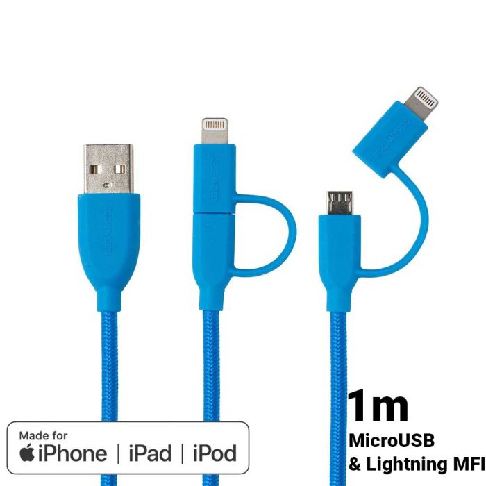 Cablu de date si incarcare MicroUSB la Lightning MFI, Boompods Duo, lungime 1m, impletitura textila, albastru