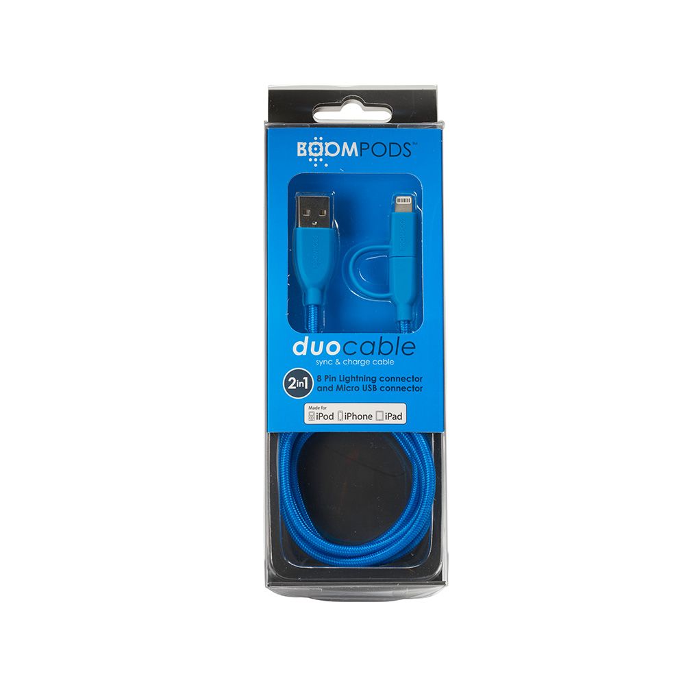 Cablu de date si incarcare MicroUSB la Lightning MFI, Boompods Duo, lungime 1m, impletitura textila, albastru