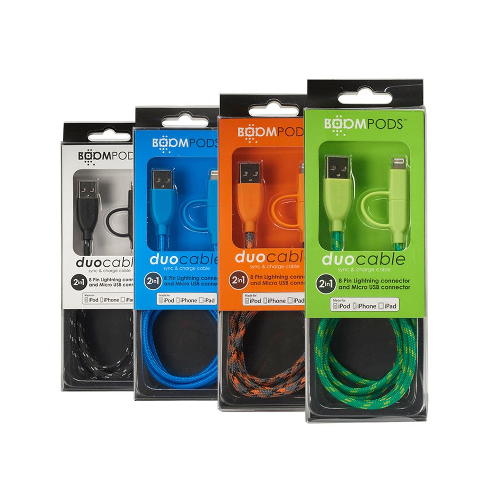 Cablu de date si incarcare MicroUSB la Lightning MFI, Boompods Duo, lungime 1m, impletitura textila, albastru