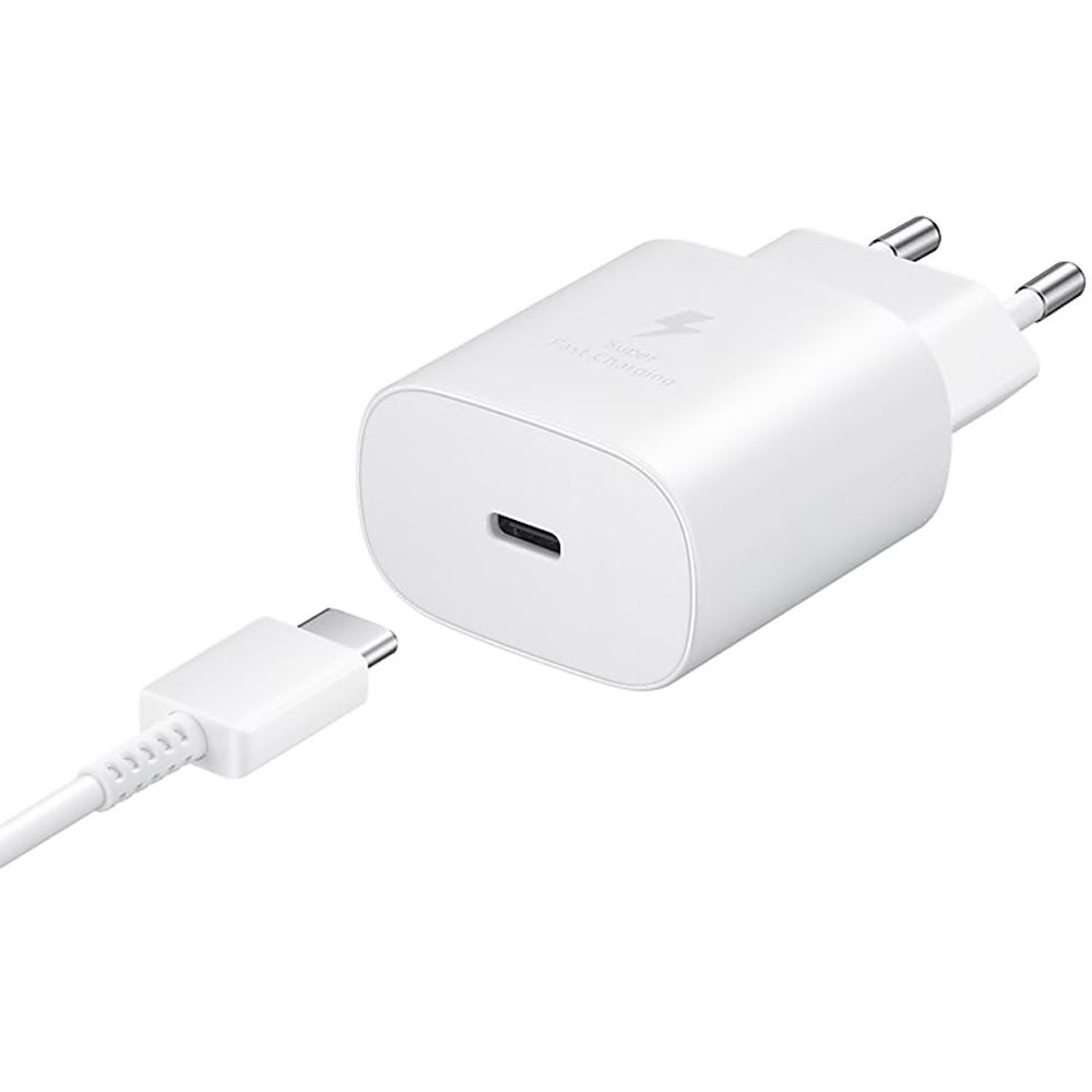 Incarcator retea pentru telefon Samsung Travel Fast Charging, 25W, alb, cablu detasabil inclus, iesire USB tip C