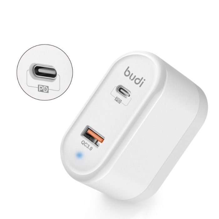 Incarcator retea pentru telefon Budi Fast Charge, 18W, QC 3.0, 1xType-c, alb