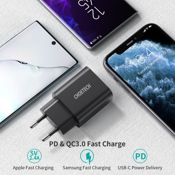 Incarcator retea pentru telefon Choetech Mains Fast Charge, USB-C, PD 20W EU, negru