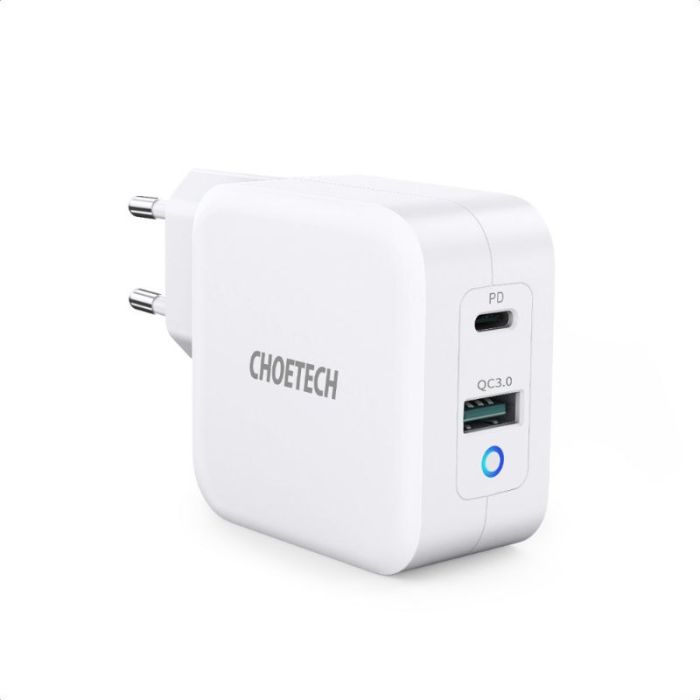 Incarcator retea pentru telefon Choetech Mains Fast Charge Dual, USB-A/USB-C PD 65W EU, alb