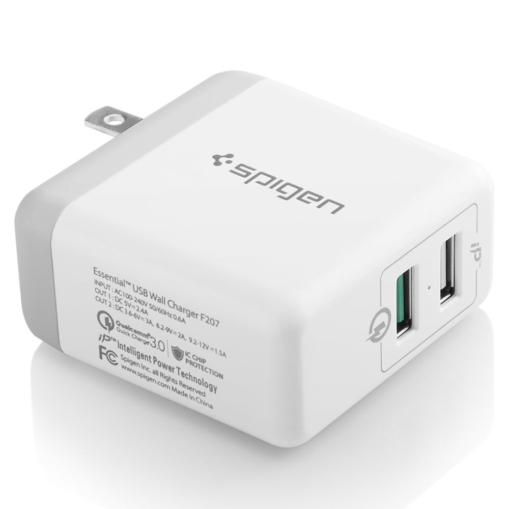 Incarcator retea pentru telefon Spigen USA F207, Qualcomm Quick Charger 3.0, 2 Ports USB Travel, alb
