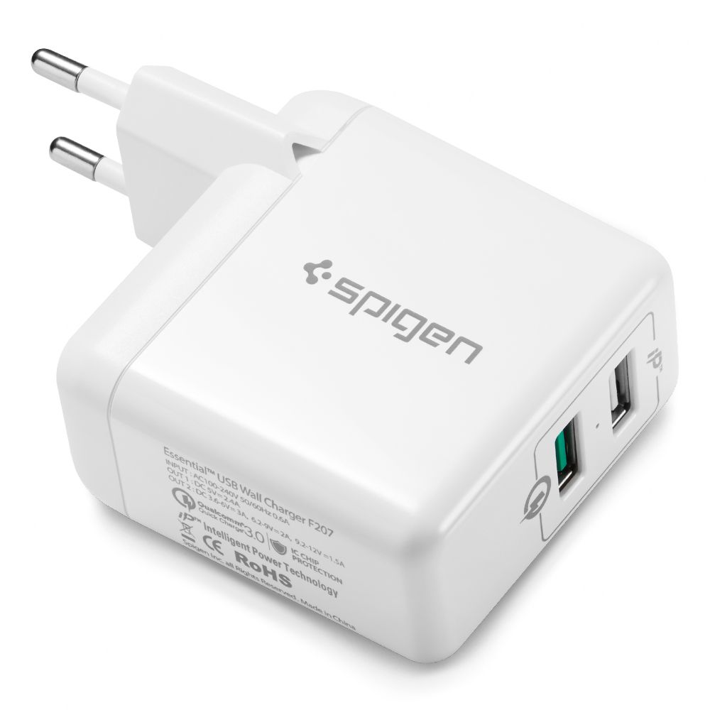 Incarcator retea pentru telefon Spigen EU F207, Spigen Qualcomm Quick Charger 3.0, 3A, Dual USB, alb
