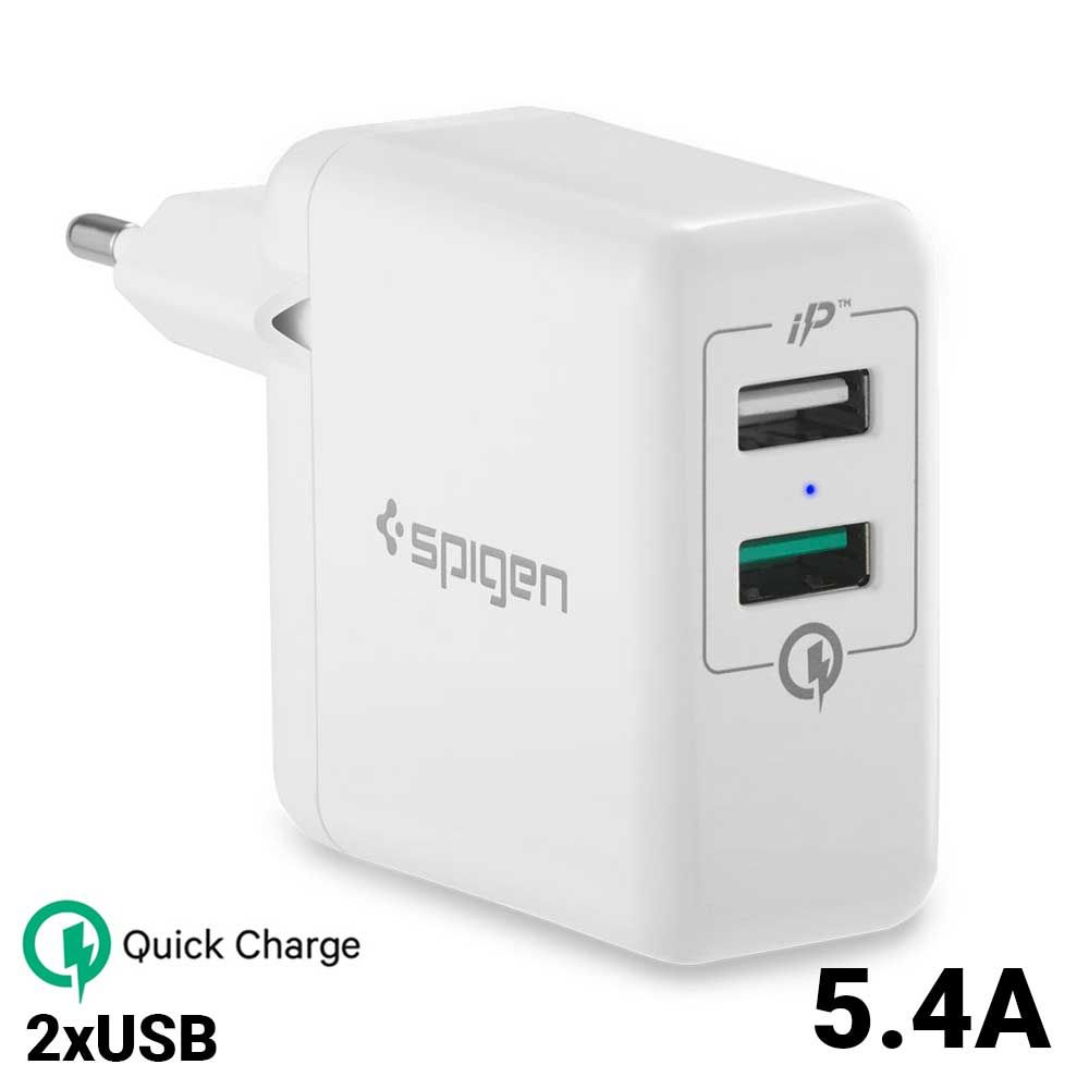 Incarcator retea pentru telefon Spigen EU F207, Spigen Qualcomm Quick Charger 3.0, 3A, Dual USB, alb