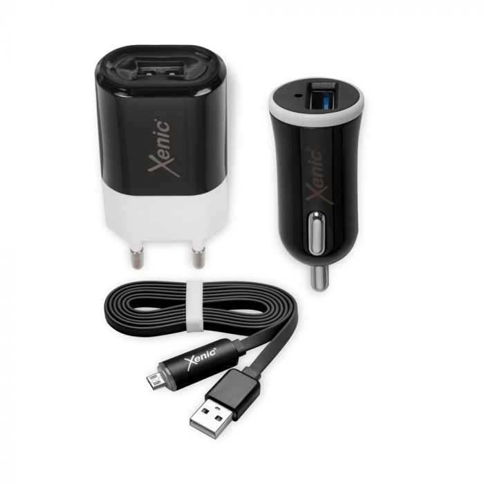 Set pentru incarcare telefoane Xenic Smart, incarcator retea USB 2.1A, incarcator auto USB 2.1A, cablu microUSB