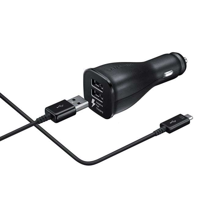Incarcator auto pentru telefon Samsung Fast Charging, original, Dual USB, 2A, cablu MicroUSB detasabil inclus, negru