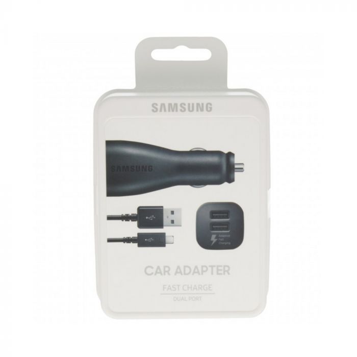 Incarcator auto pentru telefon Samsung Fast Charging, original, Dual USB, 2A, cablu MicroUSB detasabil inclus, negru