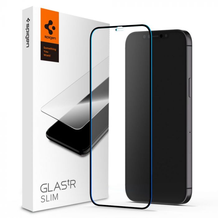 Folie de protectie telefon Apple iPhone 12 Pro Max, Spigen Full Cover, sticla, HD, 0.33mm, 9H, rama de culoare neagra