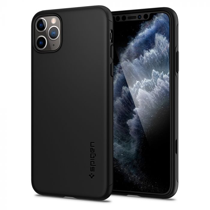 Husa telefon originala Spigen Thin Fit 360, pentru iPhone 11 Pro Max, realizata din 3 piese, folie sticla inclusa, negru