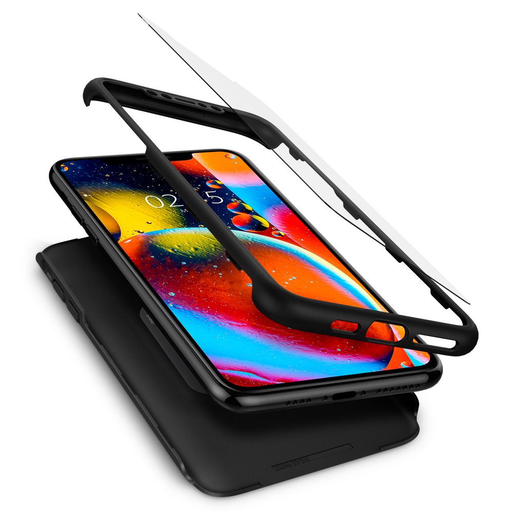 Husa telefon originala Spigen Thin Fit 360, pentru iPhone 11 Pro Max, realizata din 3 piese, folie sticla inclusa, negru