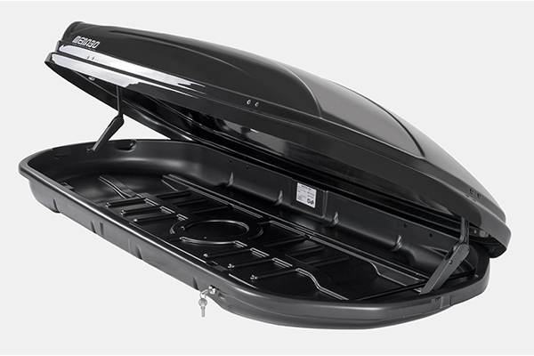 Cutie portbagaj auto MENABO 02350 Mania Black, prindere pe bare transversale, plastic ABS, volum 320 litri, 137x79x37 cm, negru lucios