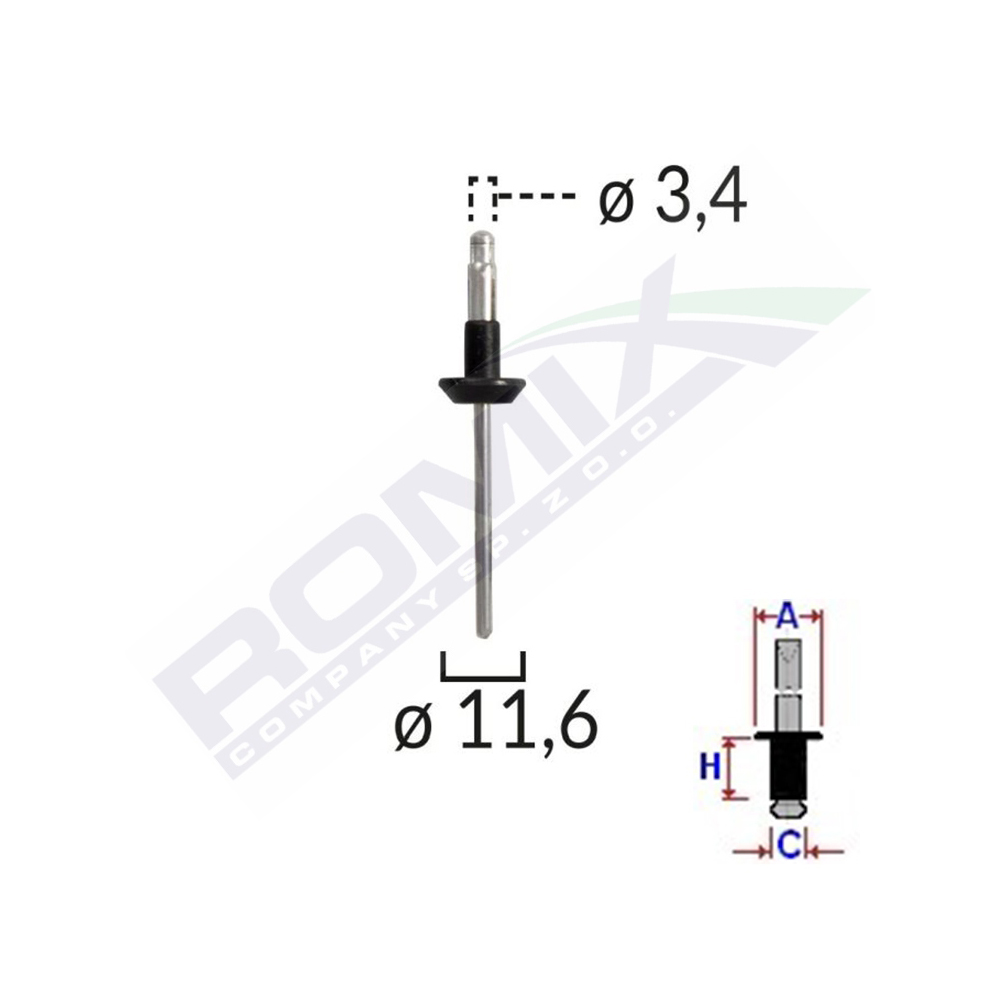 Set 10 bucati popnit-uri universale, ROMIX C10135, pentru Volvo 3.4 x 11.6 mm, metalice