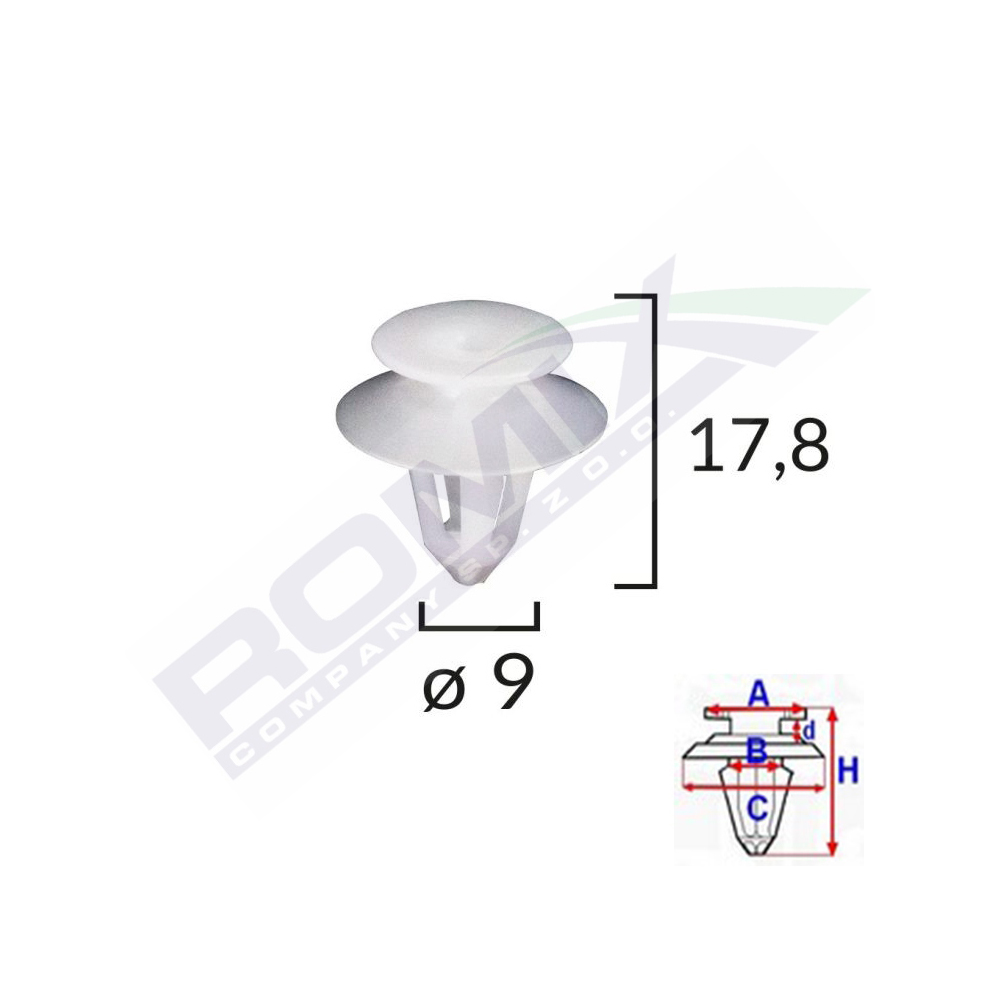 Set 10 bucati clipsuri tapiterie, ROMIX A82027, pentru Mercedes, Dacia Logan, 9 x 17.8 mm, negru