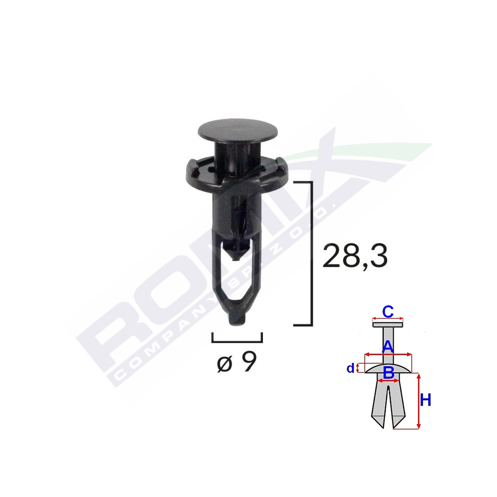 Set 10 bucati clipsuri fixare, ROMIX B22626, pentru Toyota, Lexus, 9 x 28.3 mm, negru