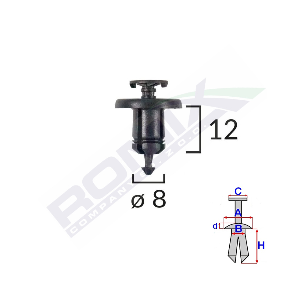 Set 10 bucati clipsuri fixare, ROMIX C10128, pentru Dacia Renault, 8 x 12 mm, negru