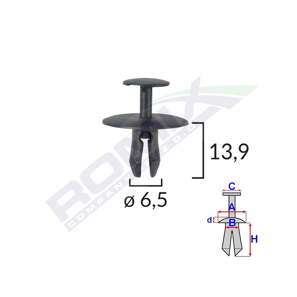 Set 10 bucati clipsuri fixare, ROMIX C10090, pentru Citroen, Peugeot, 6.5 x 13.9 mm, negru
