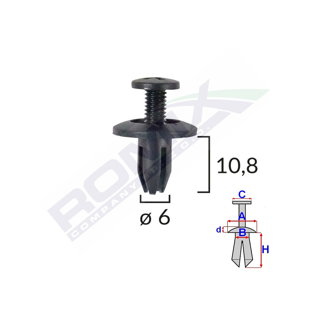 Set 10 bucati clipsuri fixare, ROMIX B14696, pentru Honda, Kia, Toyota, 6 x 10.8 mm, negru