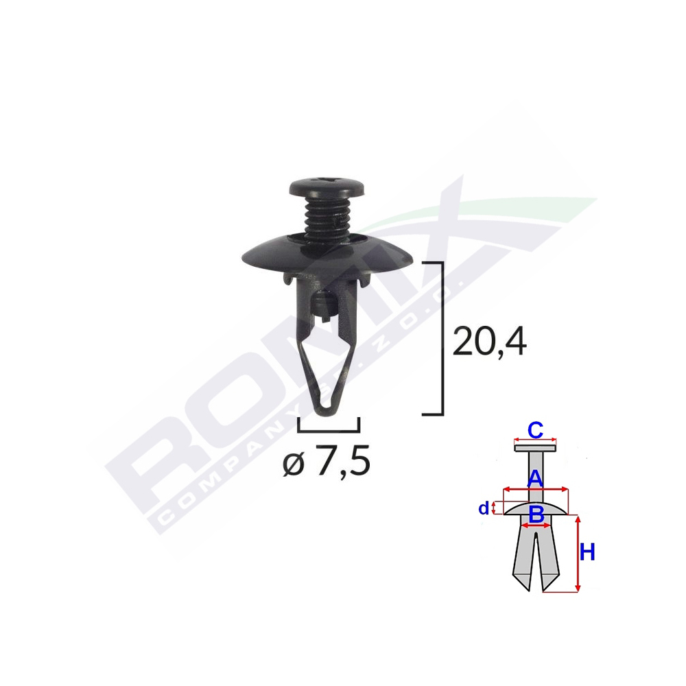Set 10 bucati clipsuri fixare, ROMIX C10026, pentru Mitsubishi, 7.5 x 20.4 mm, negru