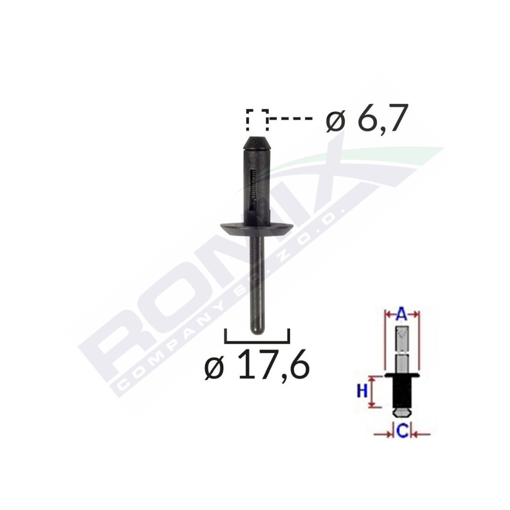 Set 10 bucati popnituri din plastic, ROMIX B13753, universale, 6.7 x 17.6 mm, negru