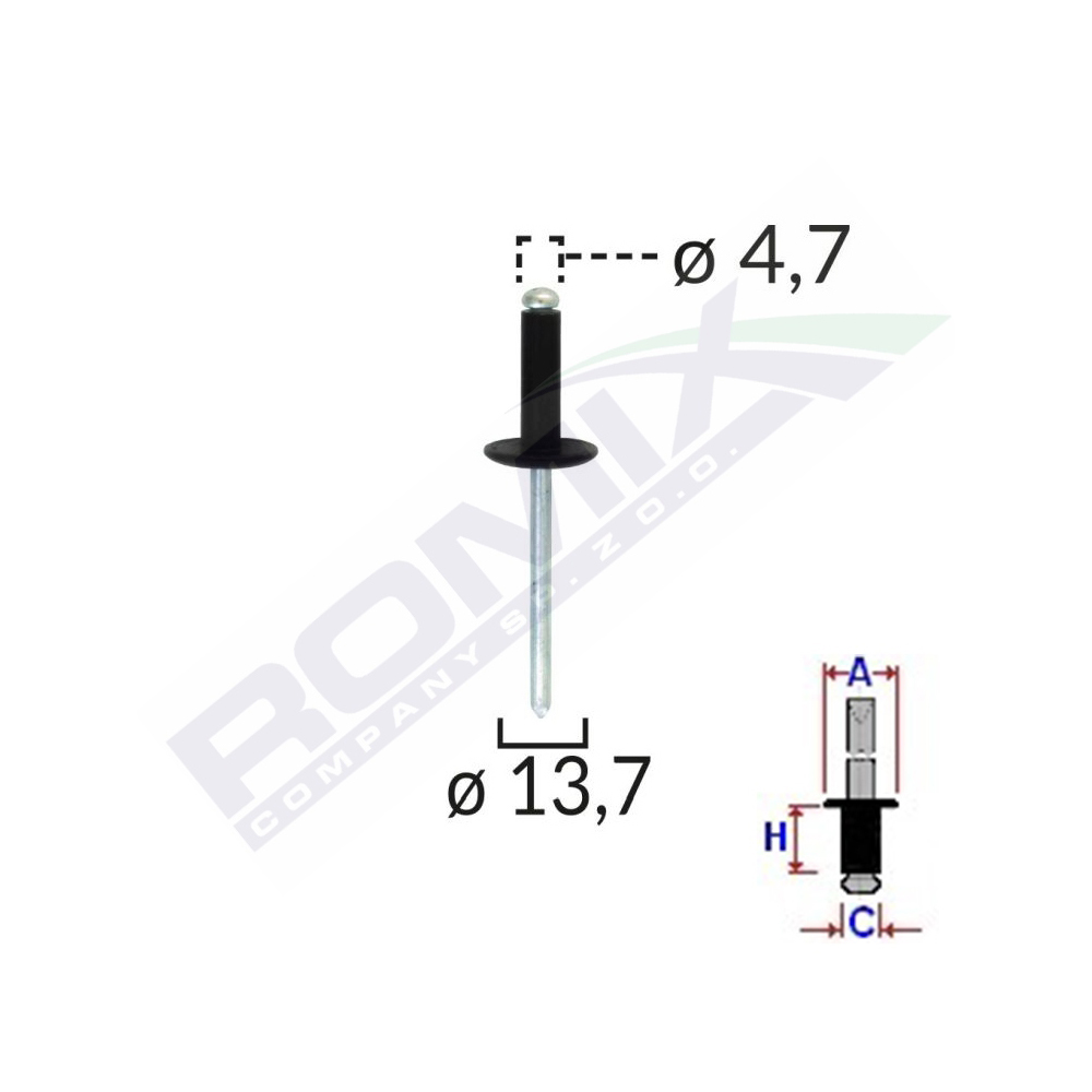 Set 10 bucati popnituri, ROMIX 57050, universale, negru, 4.7 mm