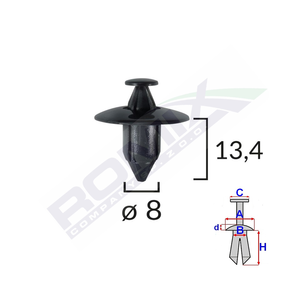 Set 10 bucati clipsuri fixare, ROMIX B16782, pentru Honda, Suzuki, Volvo, 8 x 13.4 mm, negru