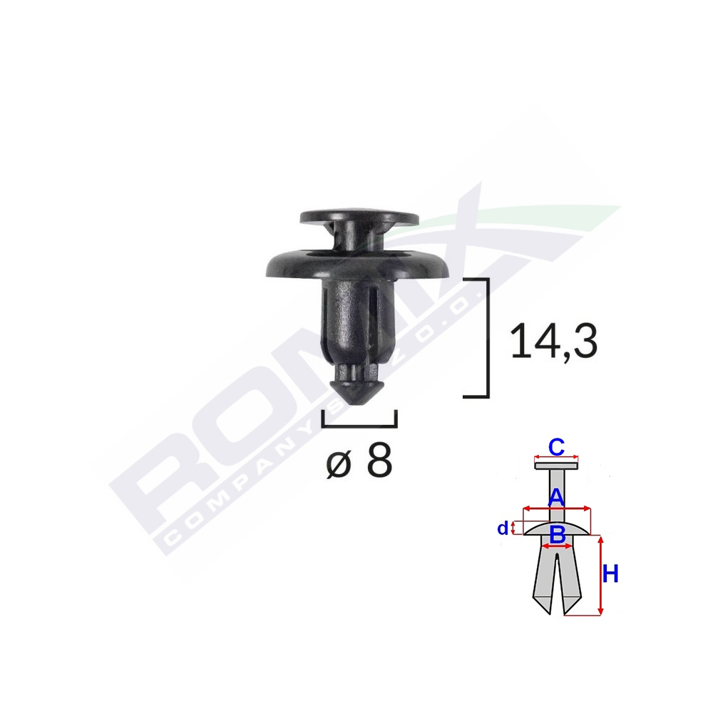 Set 10 bucati clipsuri fixare, ROMIX B25636, pentru Mazda, Subaru, 8 x 14.3 mm, negru