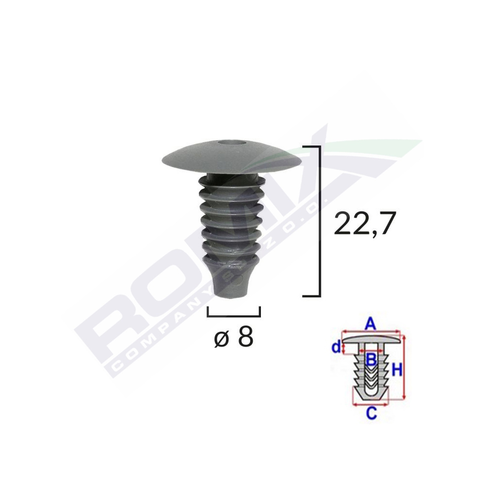 Set 10 bucati clipsuri tapiterie, ROMIX A12301S, pentru Audi, Ford, Opel, Mercedes, VW, 8 x 22.7, negru