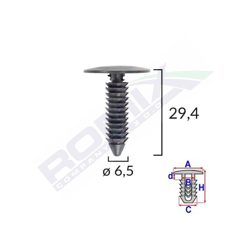Set 10 bucati clipsuri tapiterie, ROMIX B15543, pentru GM, 6.5 x 29.4 mm, negru