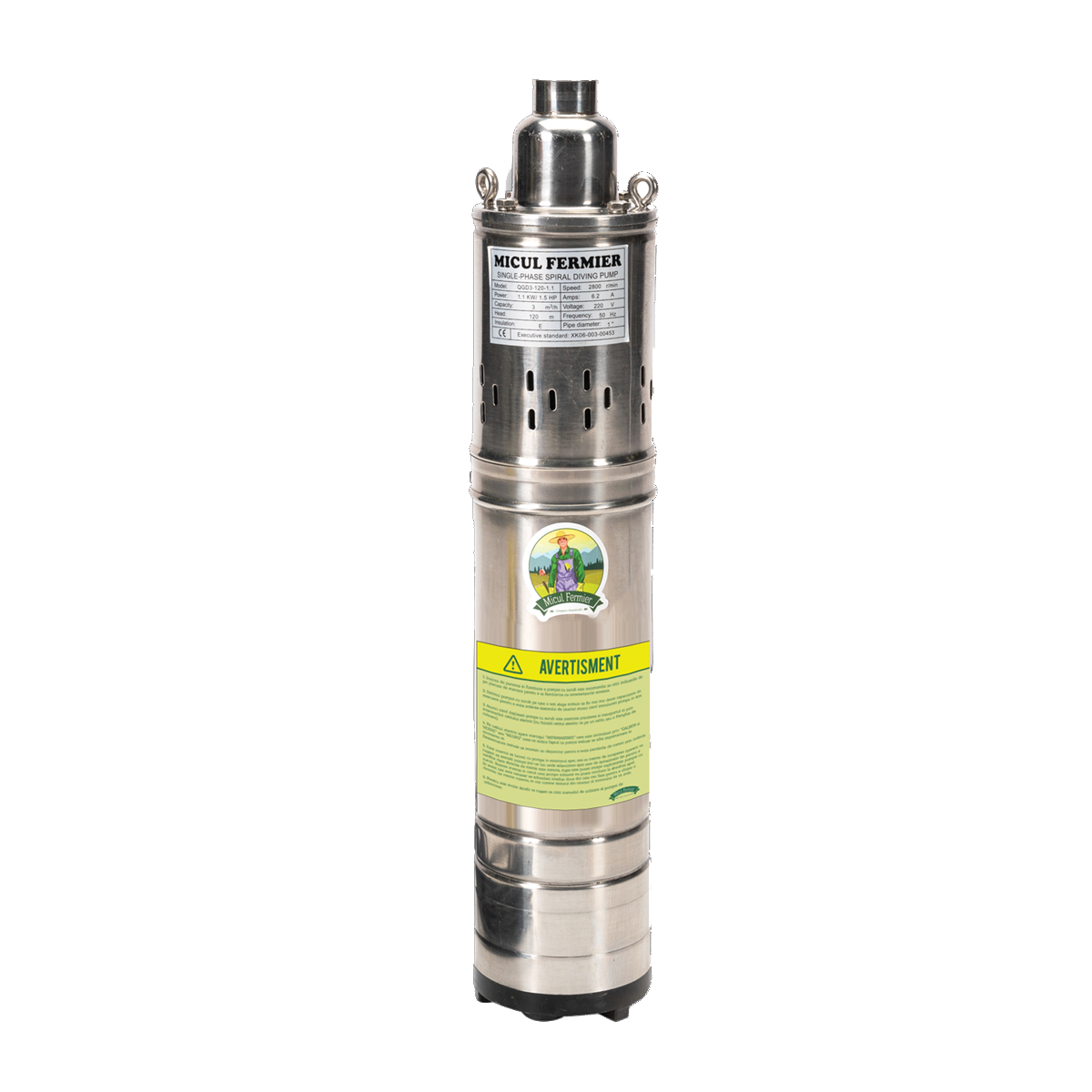 Pompa submersibila de adancime, tip tun, MICUL FERMIER, 1.1 kW, debit 1.85 mc/h, inaltime refulare 80 m, adancime aspiratie 30 m