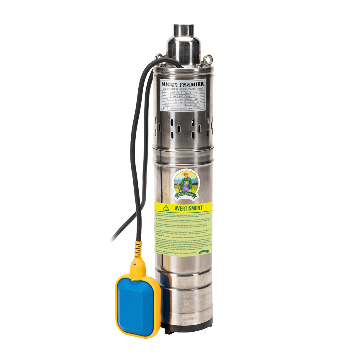 Pompa submersibila de adancime, tip tun, MICUL FERMIER, 1.1 kW, debit 1.85 mc/h, inaltime refulare 80 m, adancime aspiratie 30 m, cu plutitor