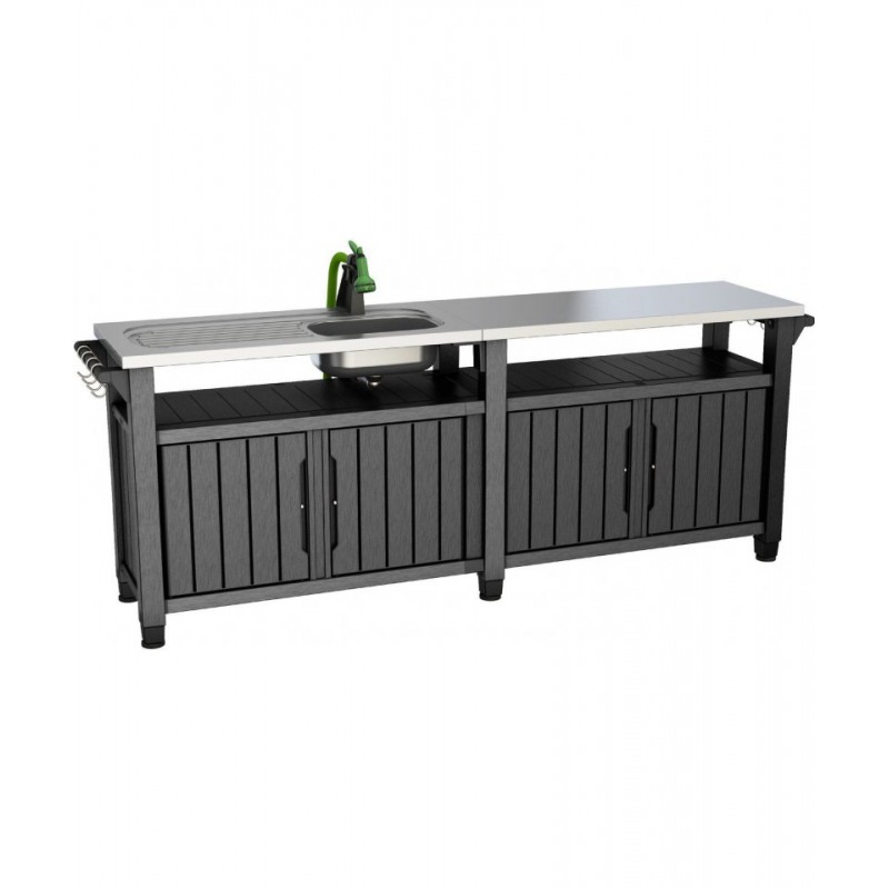 Dulap pentru depozitare terasa, KETER Unity Chef 249459, grafit, volum 415 litri, 51.3 x 237 x 89.4 cm, material plastic si otel inoxidabil