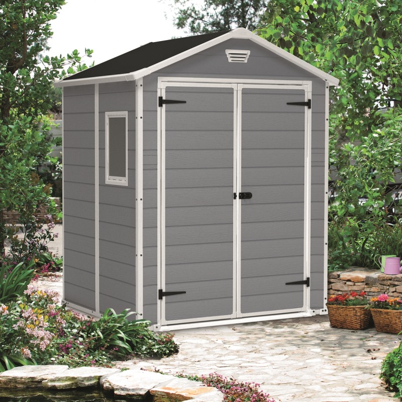 Casuta de gradina KETER Manor 6x5 171971280, cu usa dubla, material composit rasini, gri