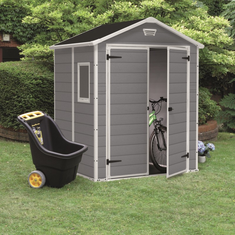 Casuta de gradina KETER Manor 6x5 171971280, cu usa dubla, material composit rasini, gri