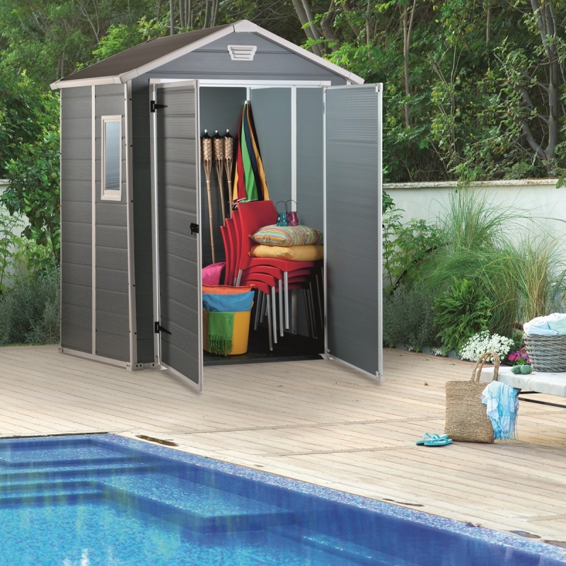 Casuta de gradina KETER Manor 6x5 171971280, cu usa dubla, material composit rasini, gri