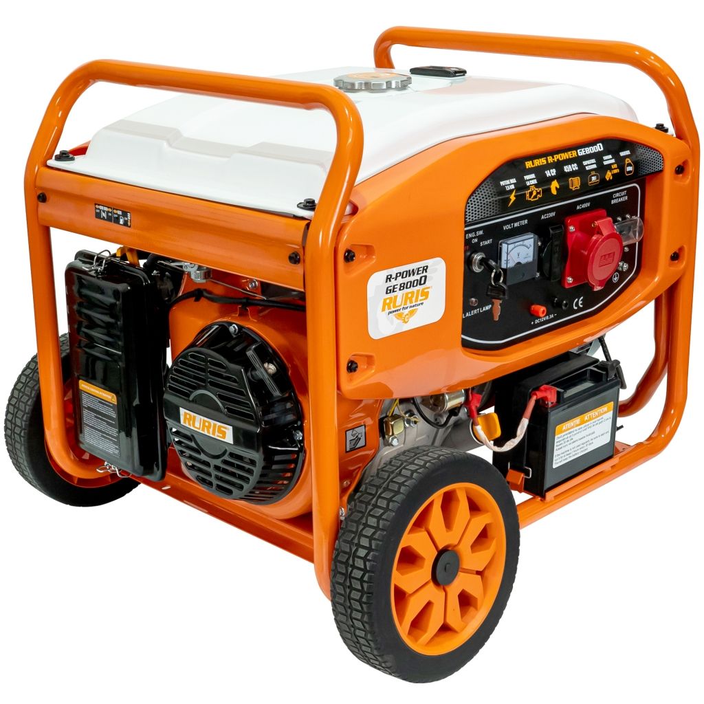 Generator de curent RURIS R-Power GE8000, motor General Engine, benzina, 459 CC, 4T, 14 CP, putere maxima 7500 W, cadru, roti deplasare