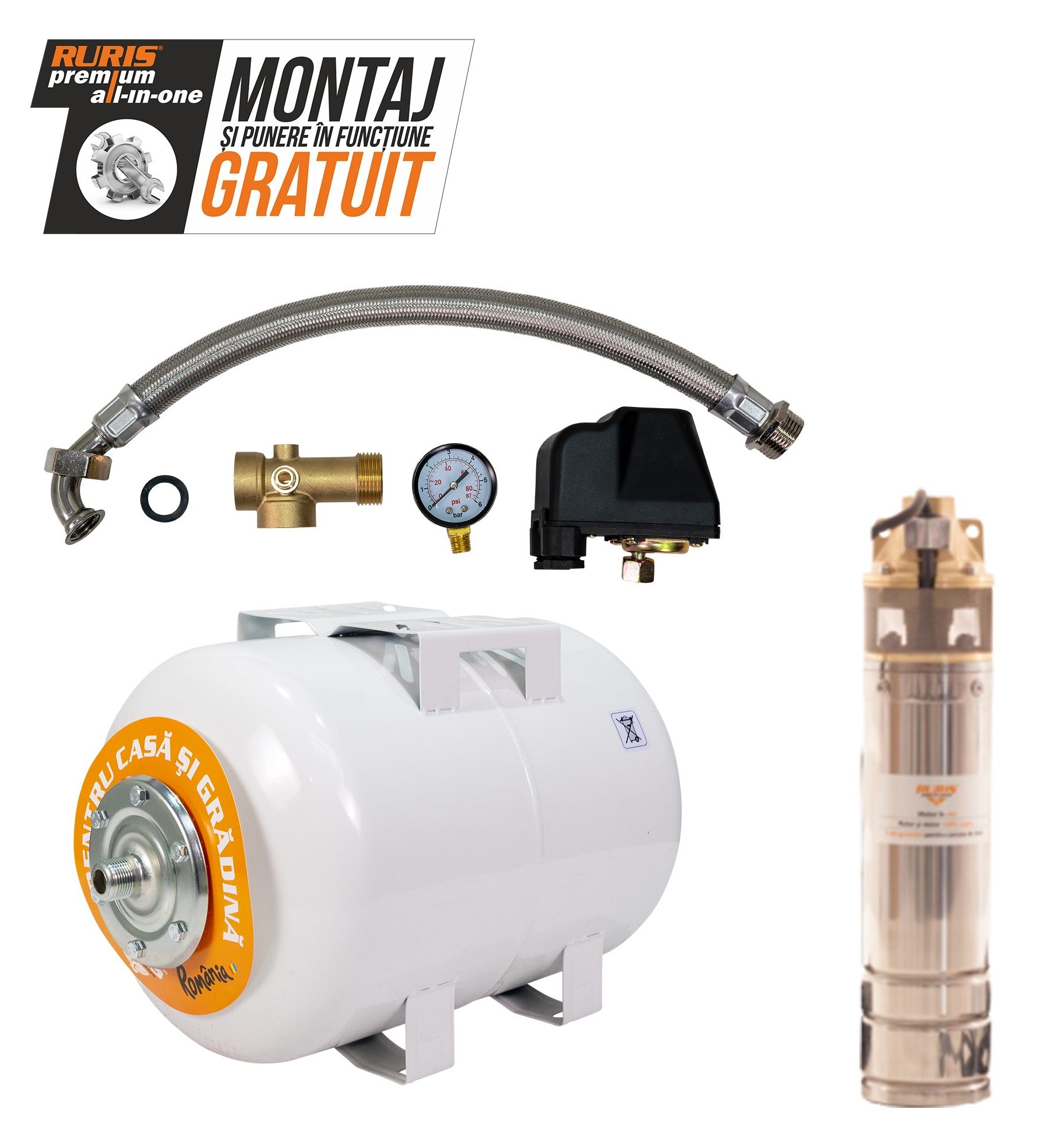 Pompa submersibila RURIS Aqua 101 + Hidrofor DUNAREA 50, 750 W, inaltime maxima refulare 60 m, adancime scufundare 15 m, debit 2.4 mc/h
