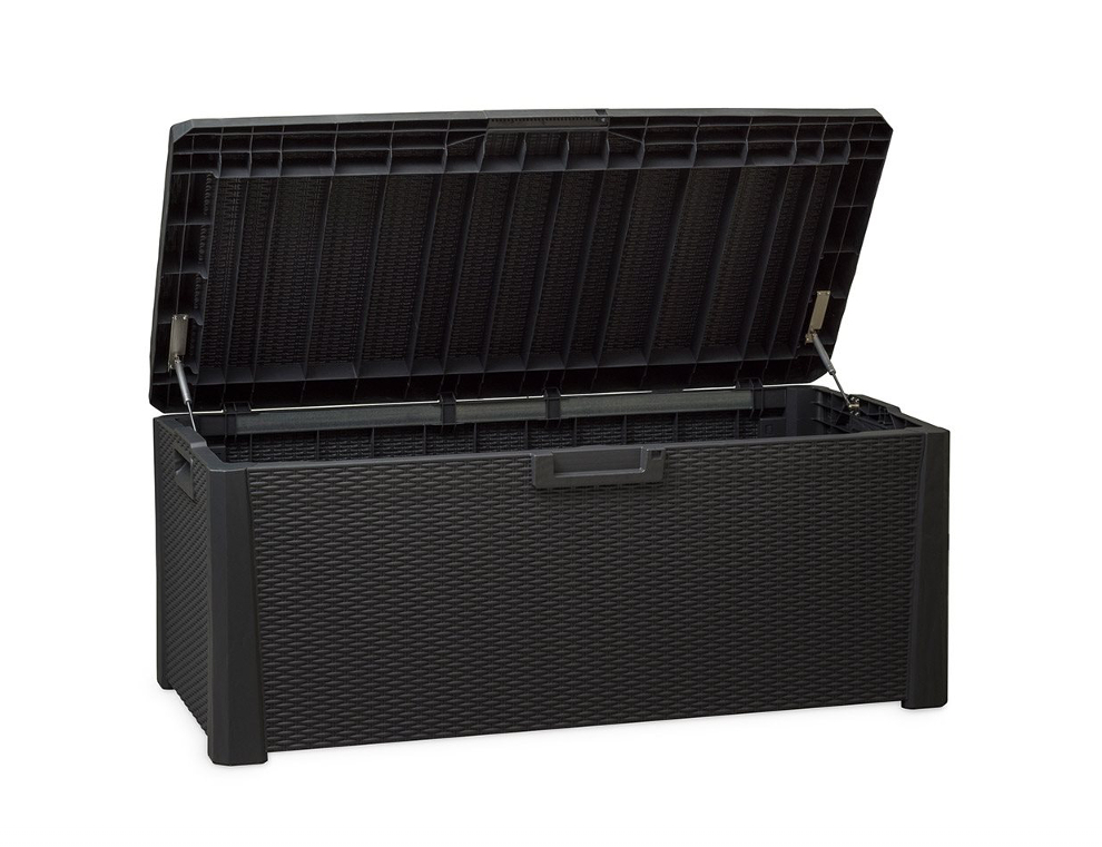Bancheta de depozitare cu perna TOOMAX Santorini Plus Z157RD41, negru, 148 x 72 x 64 cm, capac rabatabil cu pistoane, plastic rezistent la UV