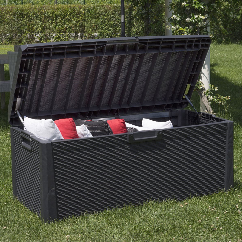 Bancheta de depozitare cu perna TOOMAX Santorini Plus Z157RD41, negru, 148 x 72 x 64 cm, capac rabatabil cu pistoane, plastic rezistent la UV