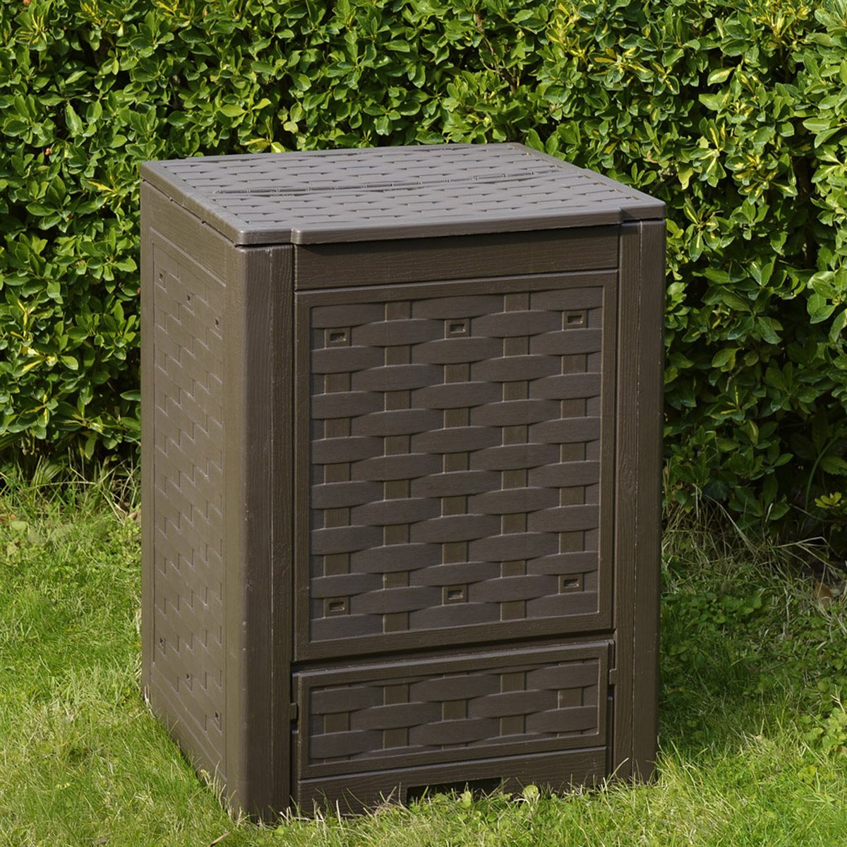 Compostor pentru gradina TOOMAX Rattan Z650T035, maro, imitatie ratan, 60 x 60 x 83 cm, volum 300 litri, material plastic