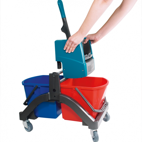 Carucior pentru spalat cu sistem de stoarcere Leifheit Professional 59101, cu 2 galeti de 17 litri, albastru si rosu, fara mop