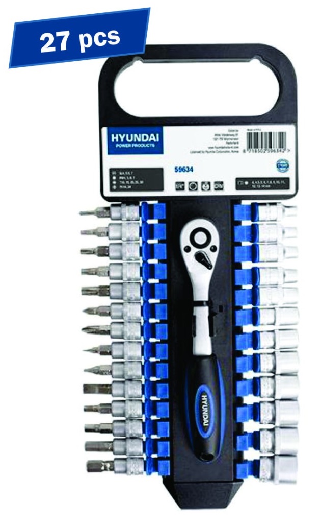 Set 27 chei clichet tubulare + biti 1/4 HYUNDAI HY-59634, cutie depozitare si transport