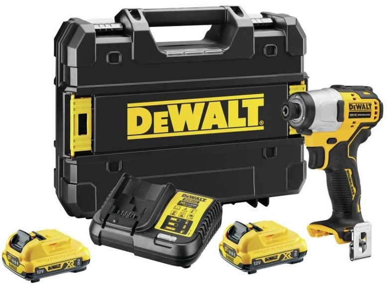 Masina de insurubat cu impact DeWalt DCF801D2, prindere HEX 6.35 mm, cuplu maxim 163 Nm, 2850 rpm, 3600 bmp, 2 acumulatori 12V, 2.0Ah