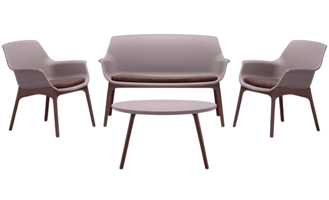 Set mobilier pentru terasa si gradina BICA Luxor Maro, 9077.13, 4 piese, din polipropilena, 2 fotolii cu spatar inalt, 1 canapea cu 2 locuri, 3 perne, masa