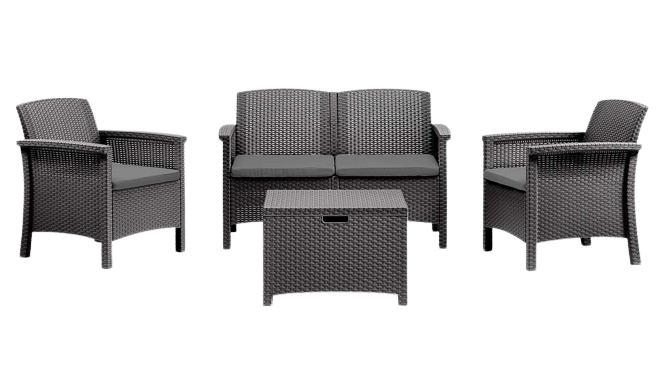 Set de mobilier pentru gradina BICA Venezia 2 Grafit, 9167.4, canapea 2 locuri, 2 fotolii, 4 perne, masa cu spatiu depozitare, polipropilena, imitatie ratan