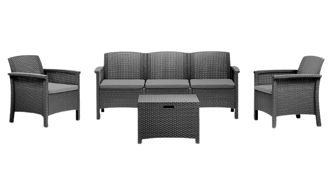 Set de mobilier pentru gradina BICA Venezia 3 Grafit, 9168.4, canapea 3 locuri, 2 fotolii, 5 perne, masa cu spatiu depozitare, polipropilena, imitatie ratan
