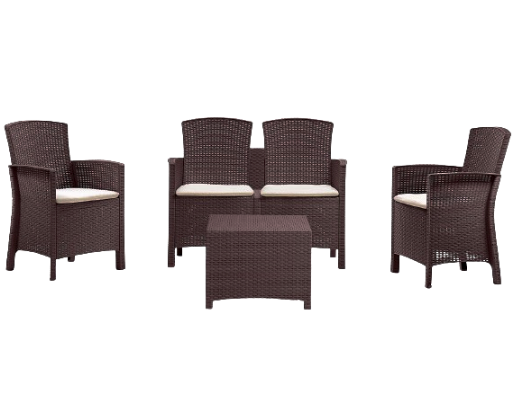 Set mobilier pentru gradina BICA Lido 2 Storage Maro, 9117.3, canapea 2 locuri, 2 fotolii, 4 perne, masa cu spatiu depozitare, polipropilena, imitatie ratan