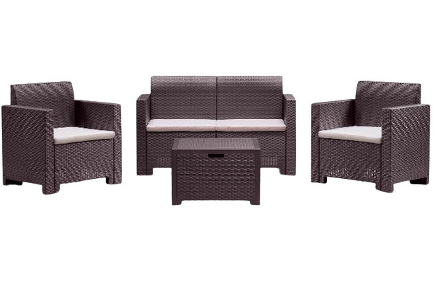 Set mobilier pentru gradina si terasa BICA Nebraska 2 Maro, 9067.3, canapea 2 locuri, 2 fotolii, masuta depozitare, perne incluse, plastic, imitatie ratan