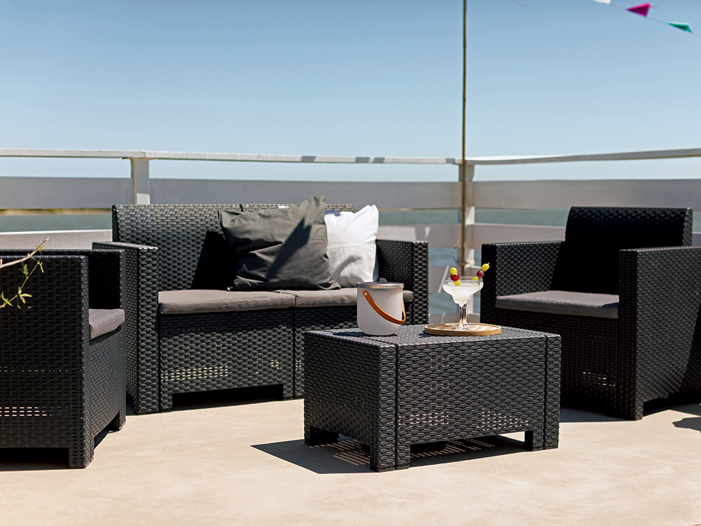 Set mobilier pentru gradina si terasa BICA Nebraska 2 Grafit, 9067.4, canapea 2 locuri, 2 fotolii, masuta depozitare, perne incluse, plastic, imitatie ratan